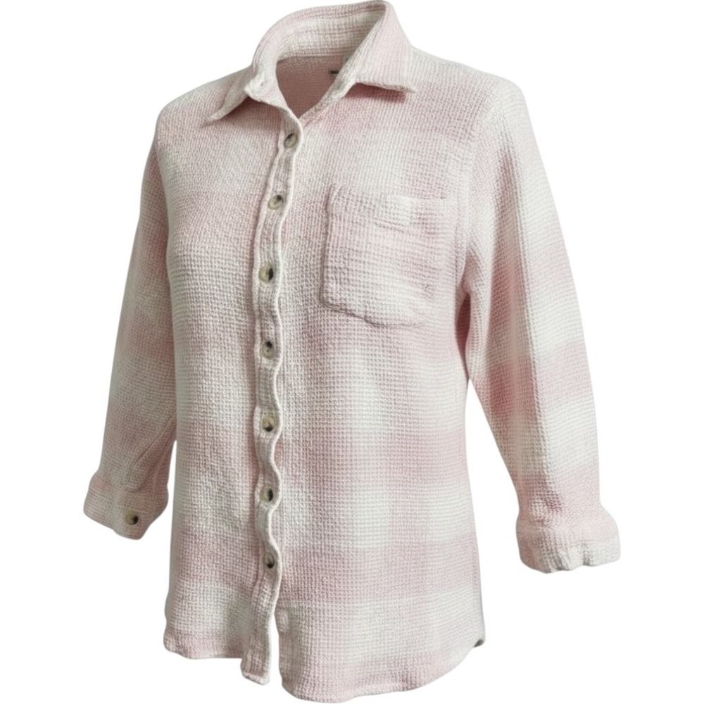 Venezia Jeans Pink Plaid Waffle Knit Button Down Shirt Cotton Thermal 14/16